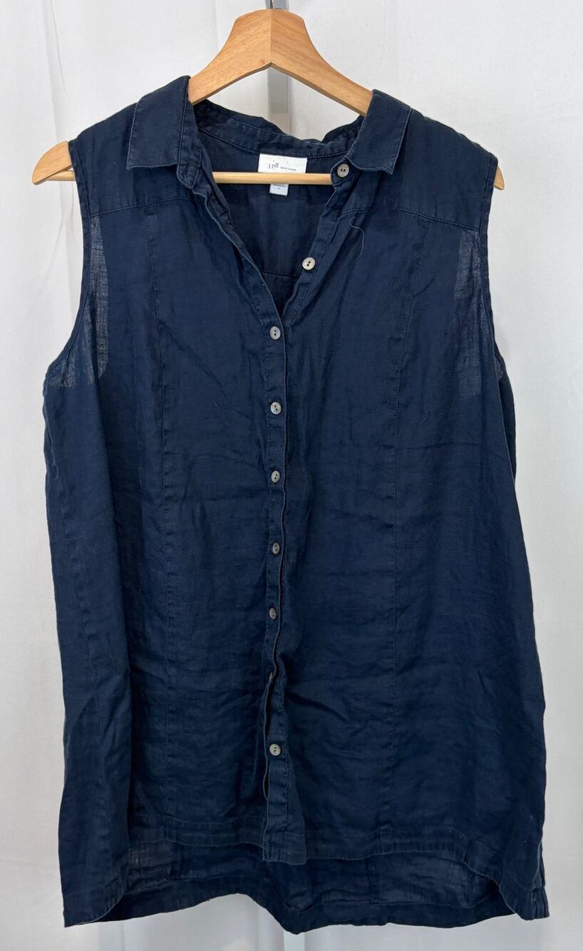 J. JILL Love Linen Sleeveless Button Front Shirt Tunic Top Navy Blue Size L